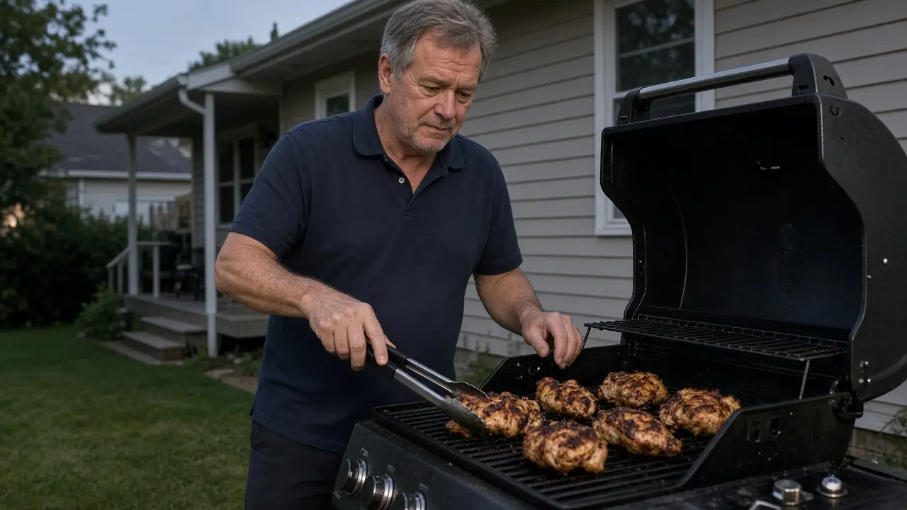 A man about 58 grills in a backyard.