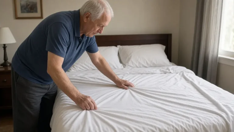A man about 72 smooths a plain sheet on a double bed.
