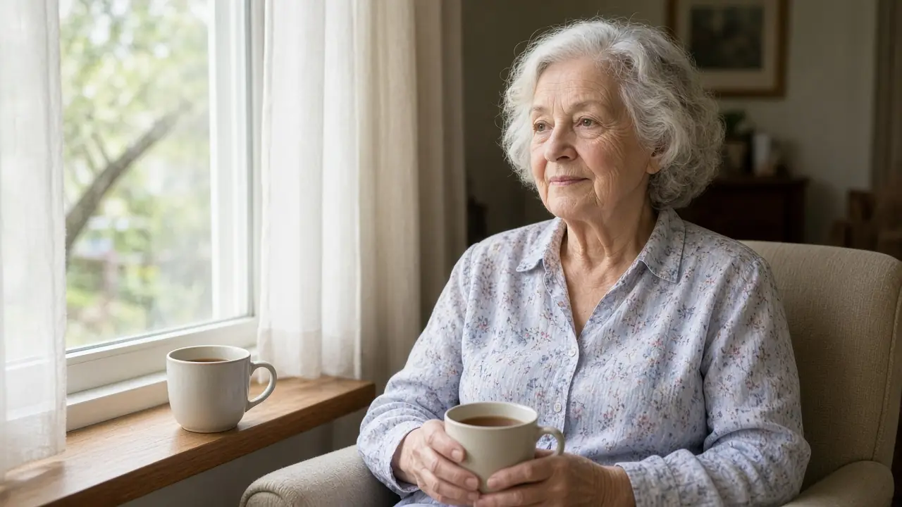 A woman about 80 sits by a window with a cup of tea.