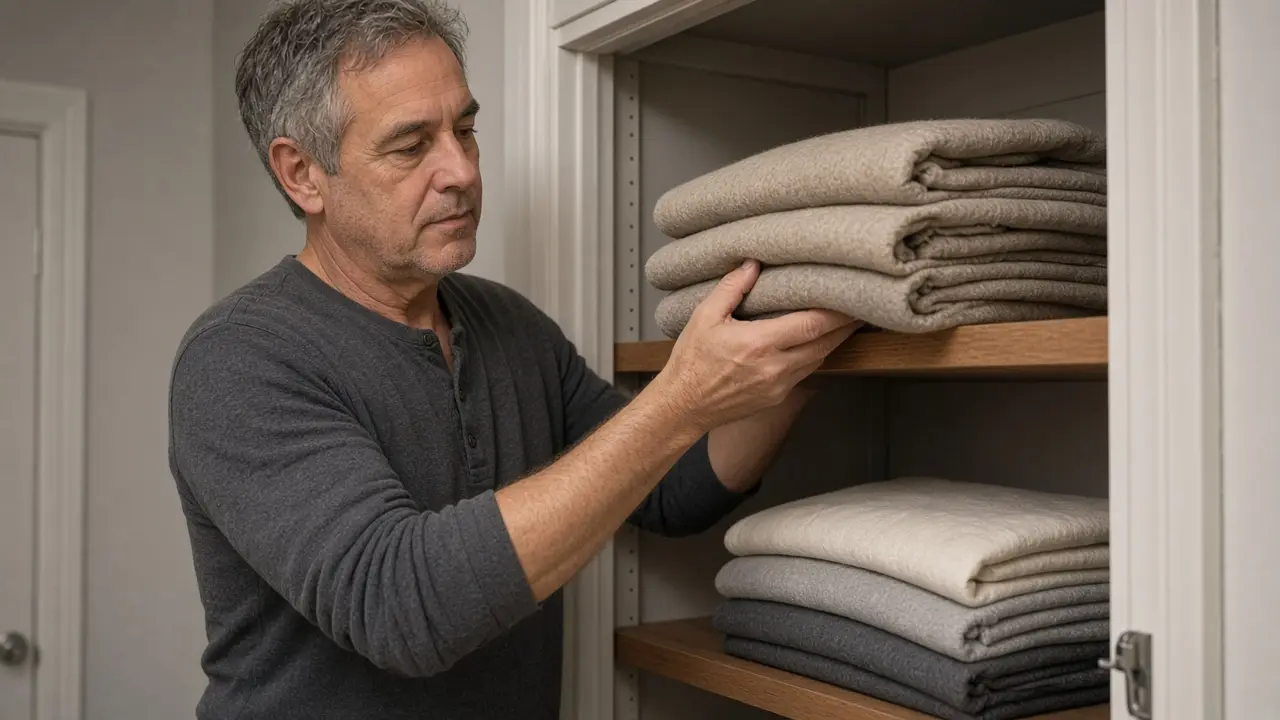 A man about 58 stacks folded blankets on a closet shelf.