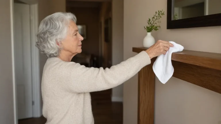 A silver-haired woman reaches for a plain washcloth on a hallway shelf.