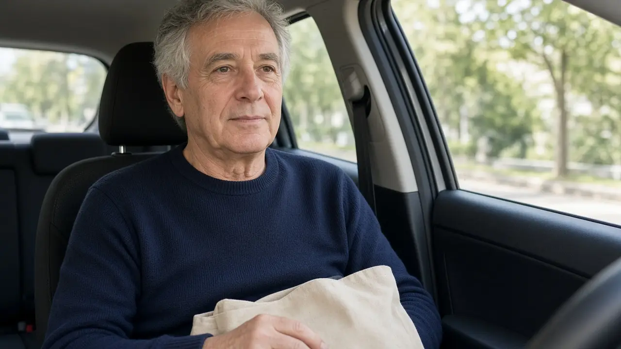 A gray-haired man sits in a car passenger seat with a plain canvas bag on his lap.