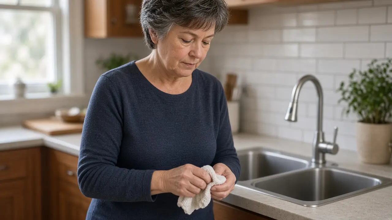 A woman washes her hands at a kitchen sink with a plain white cloth nearby.
