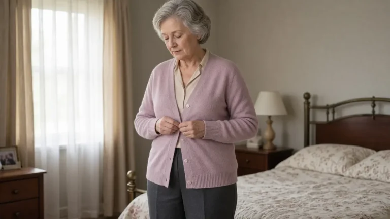 A woman about 67 buttons a cardigan in a bedroom.