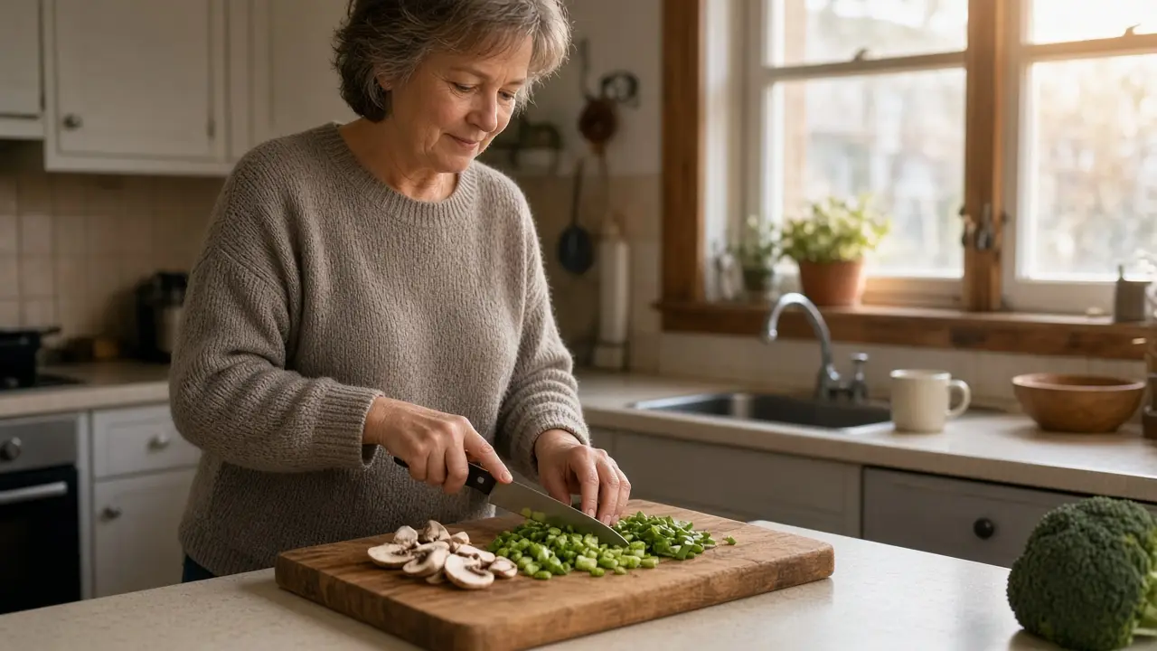 A woman about 60 chops vegetables at a counter.