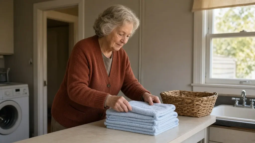 A woman about 72 folds towels on a laundry table.