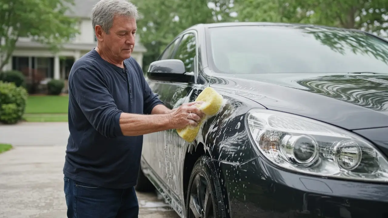 A man about 63 washes a car in a driveway.
