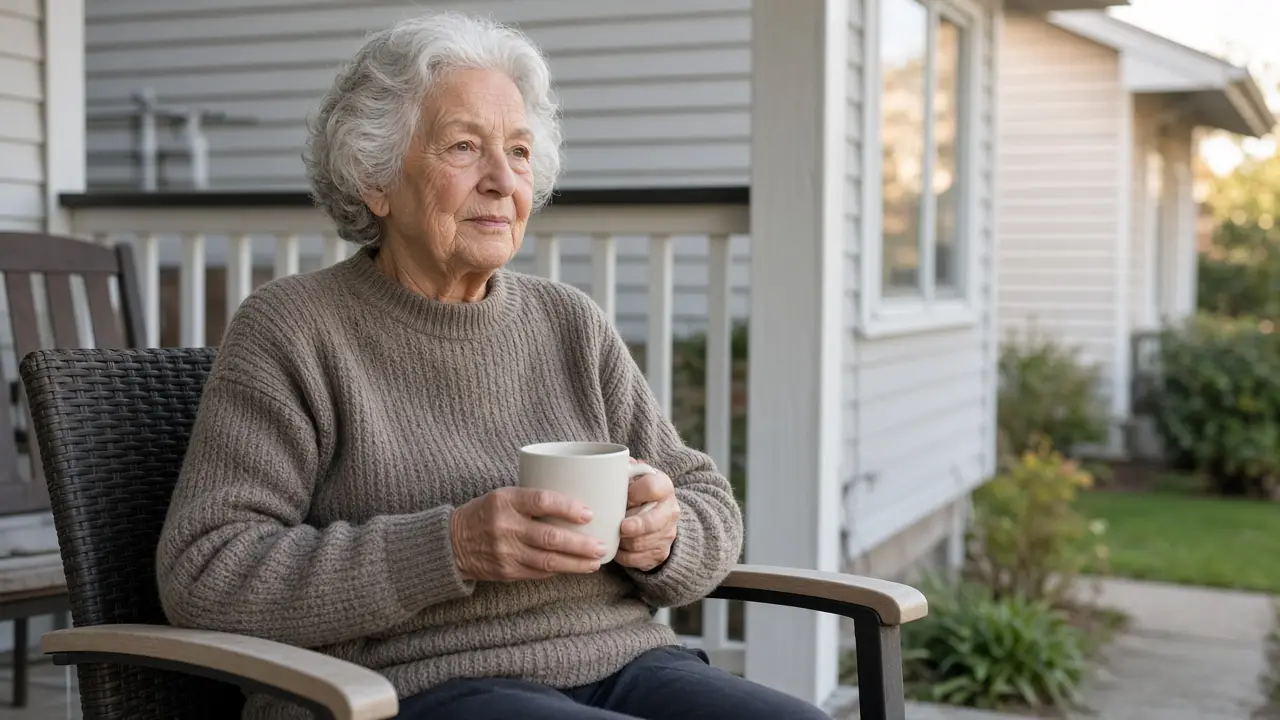 A woman about 80 sits on a porch with a mug.