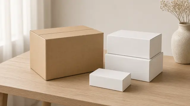 Plain carton and white packages on a table