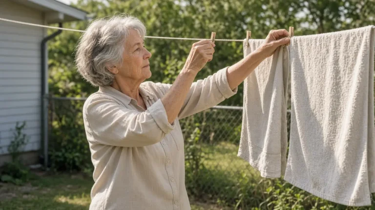 A woman about 71 hangs towels on a backyard line.