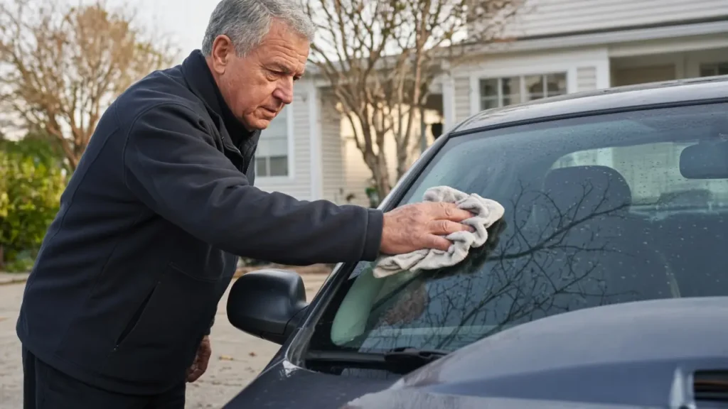 A man about 66 wipes a car windshield in a driveway.