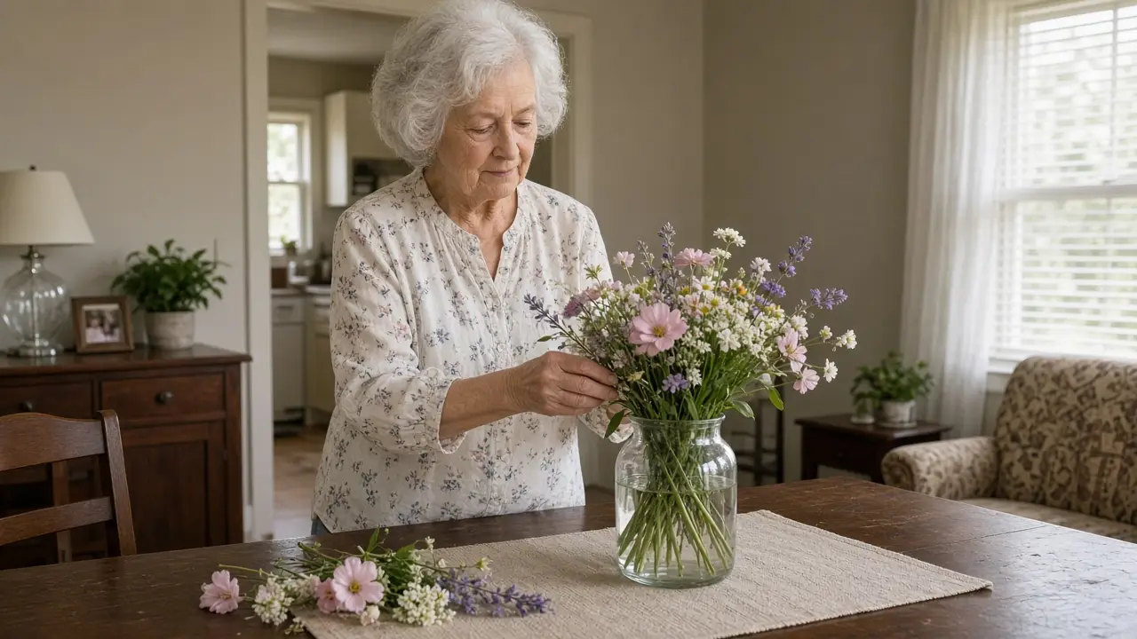 A woman about 75 arranges flowers in a vase.