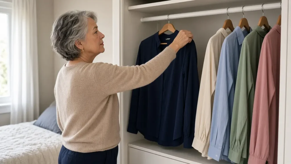 A woman about 65 reaches for a plain blouse on a closet rod.