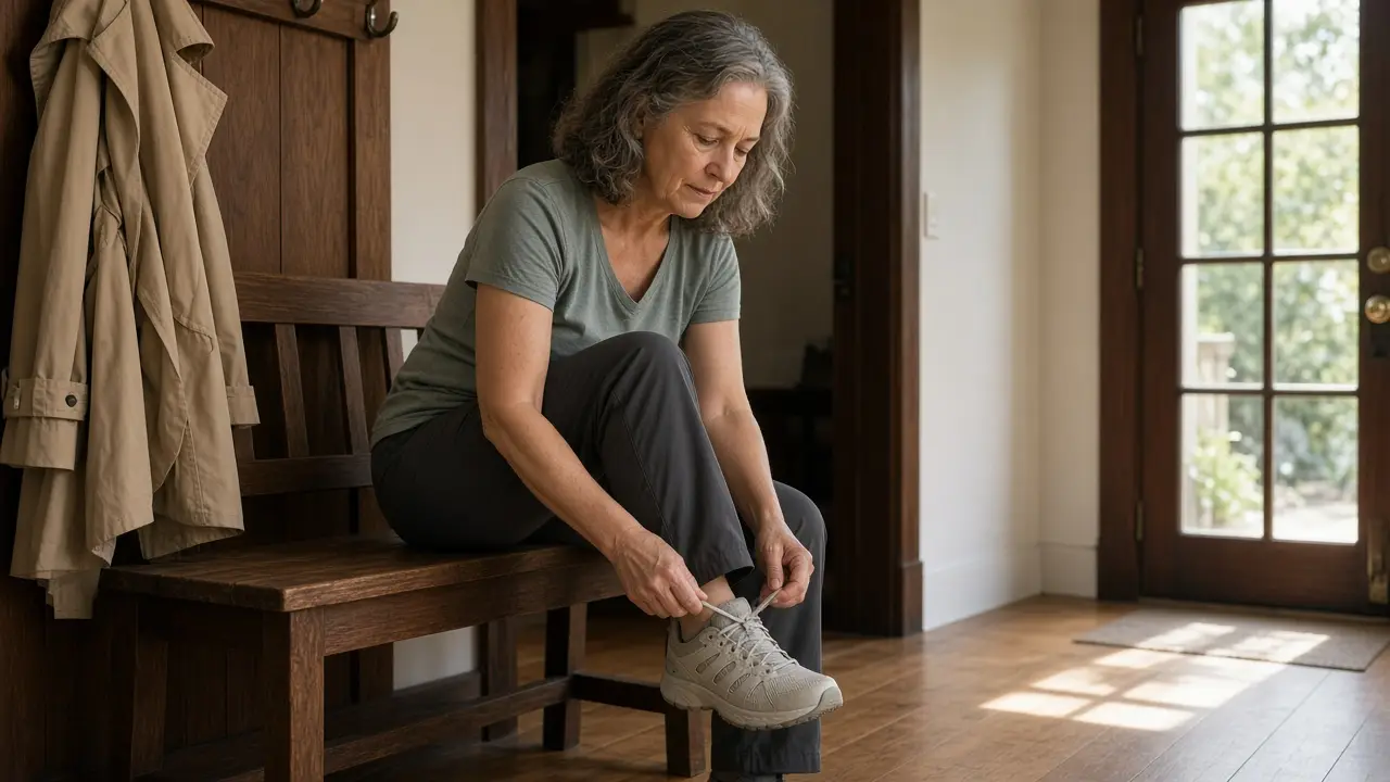 A woman about 58 sits on a bench tying a walking shoe.
