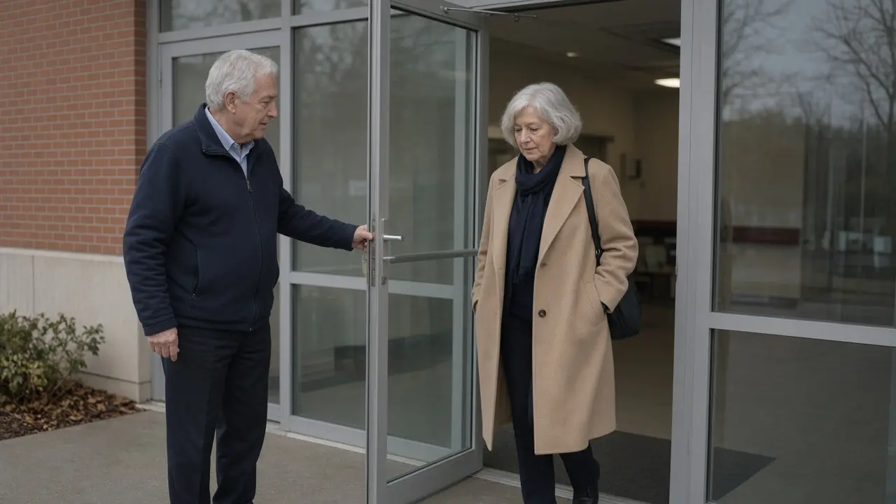 A man about 76 holds a door open as a woman about 70 walks through.