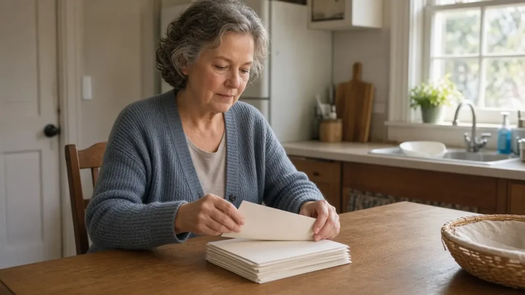 A woman in her early sixties sorts mail at a kitchen table in morning light.