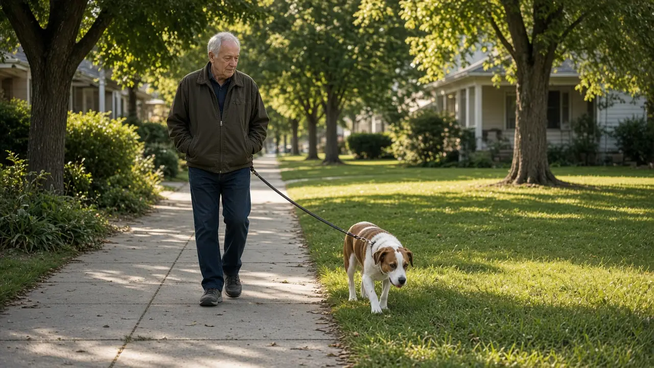A man about seventy walks a leashed dog along a suburban sidewalk.