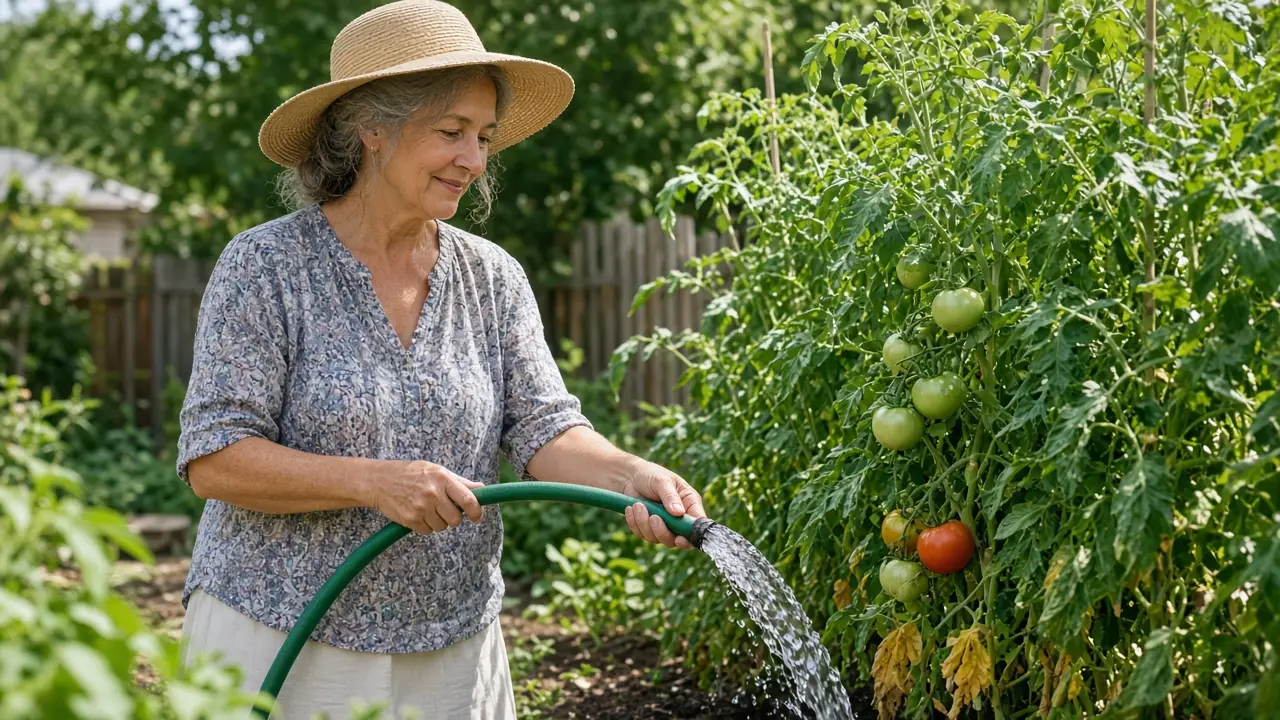 A woman about fifty-eight waters tomato plants in a backyard garden.