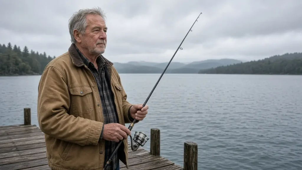 A man in his mid-sixties stands on a wooden dock holding a plain fishing rod over a calm lake.