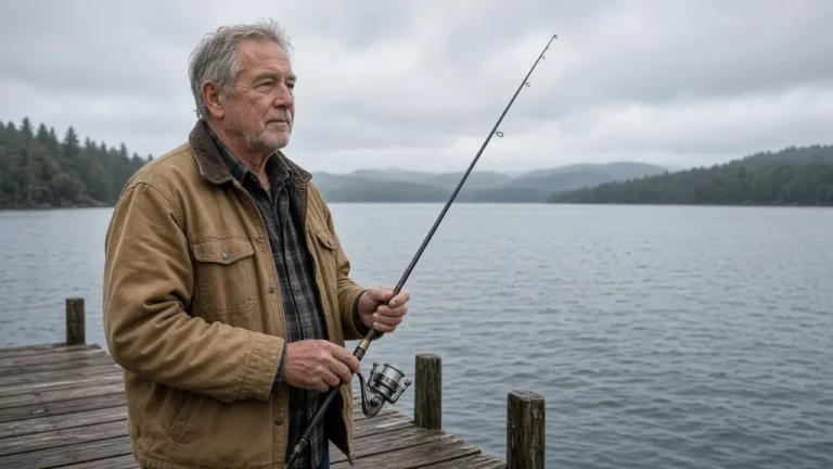 A man in his mid-sixties stands on a wooden dock holding a plain fishing rod over a calm lake.