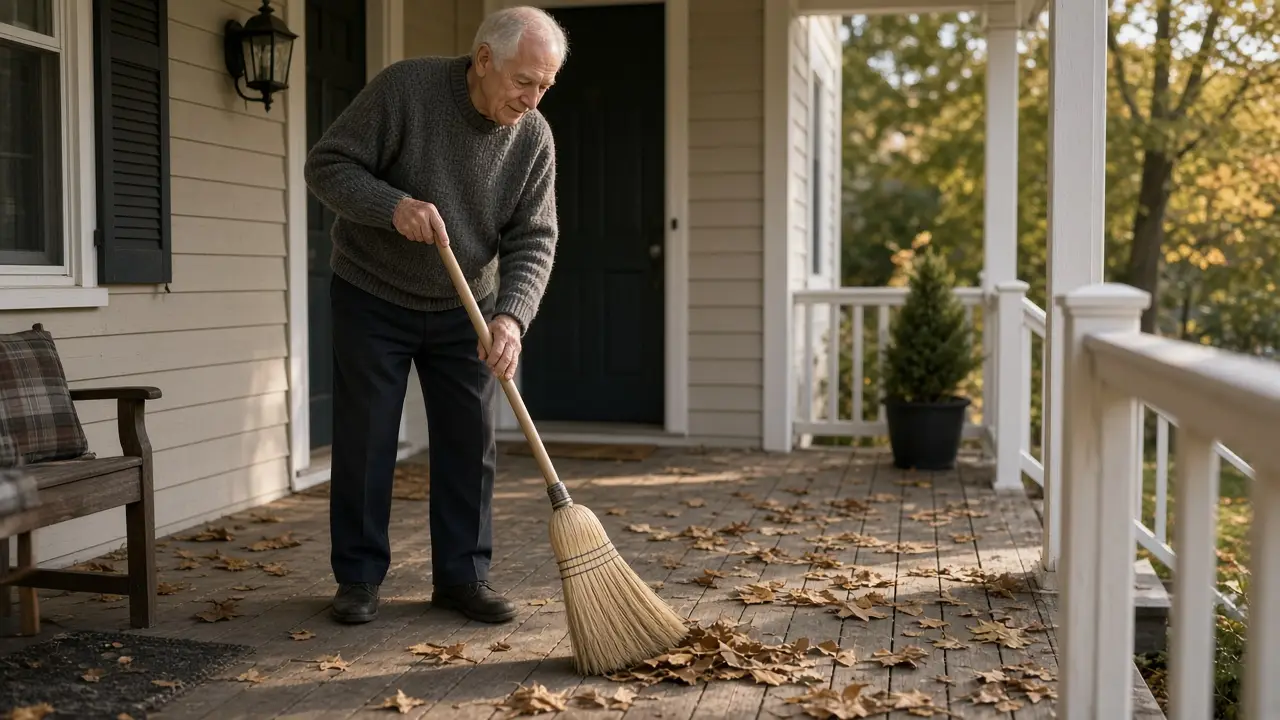 A man in his early seventies sweeps a front porch with a straw broom.