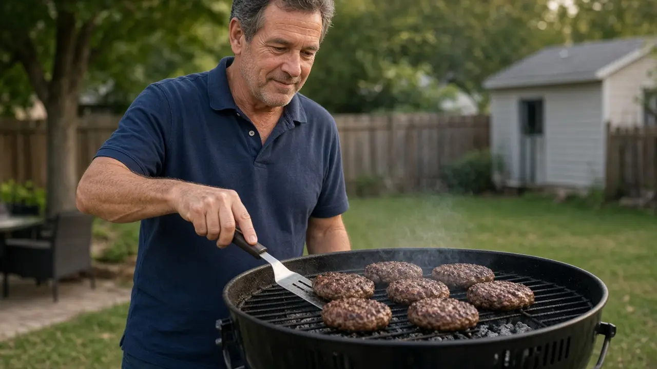 A man in his late fifties tends burgers on a plain charcoal grill in a backyard.
