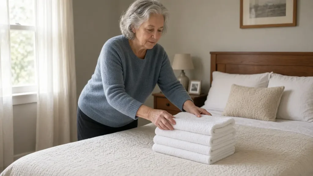A woman in her late sixties folds plain towels on a bed in a small bedroom.