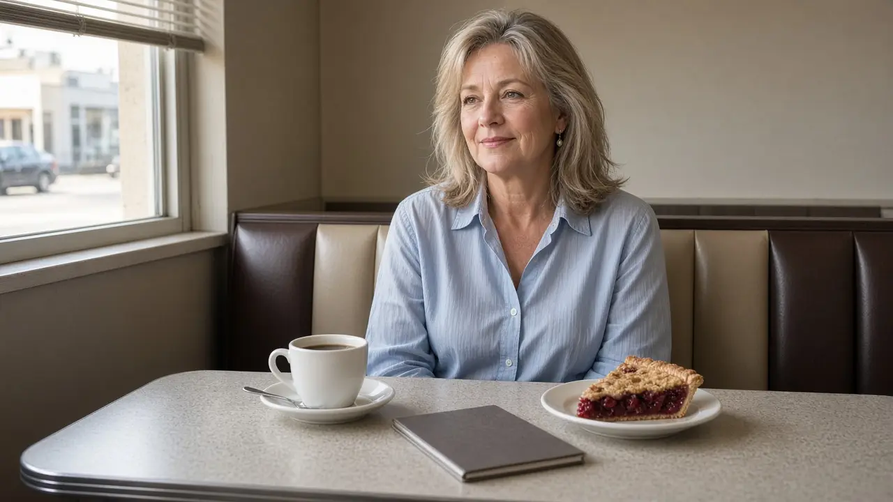 A woman about sixty sits in a diner booth with coffee and a slice of pie.