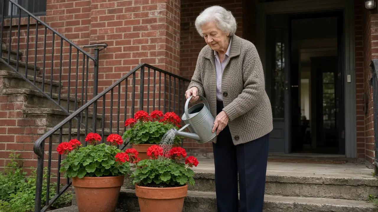A woman in her mid-seventies waters flowers on the steps of a brick apartment.