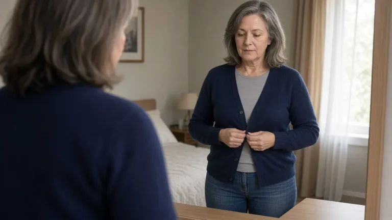 A woman about sixty buttons a navy cardigan while facing a bedroom mirror.
