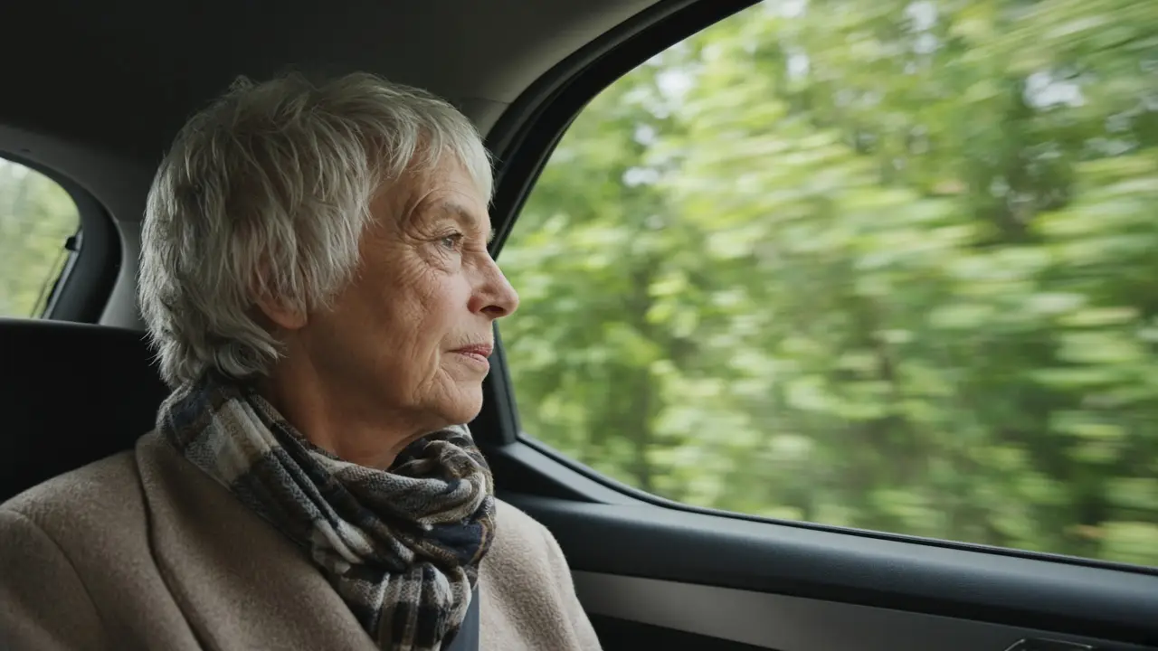 A woman in her mid-seventies rides in the passenger seat, looking out at trees.