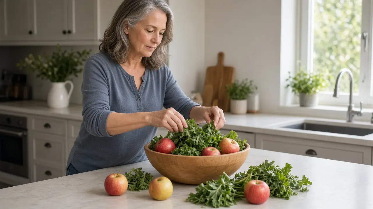 A woman in her late fifties sets loose apples and greens into a wooden bowl.