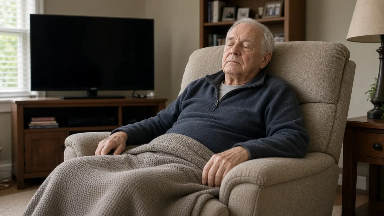 A man in his mid-seventies rests in a living-room recliner with the television off.