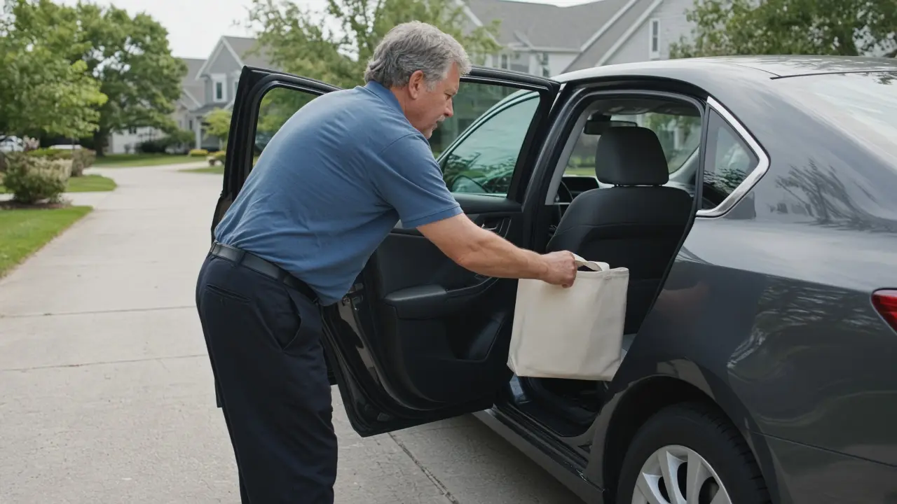 A man about sixty places a plain canvas tote on the back seat of a car in a driveway.