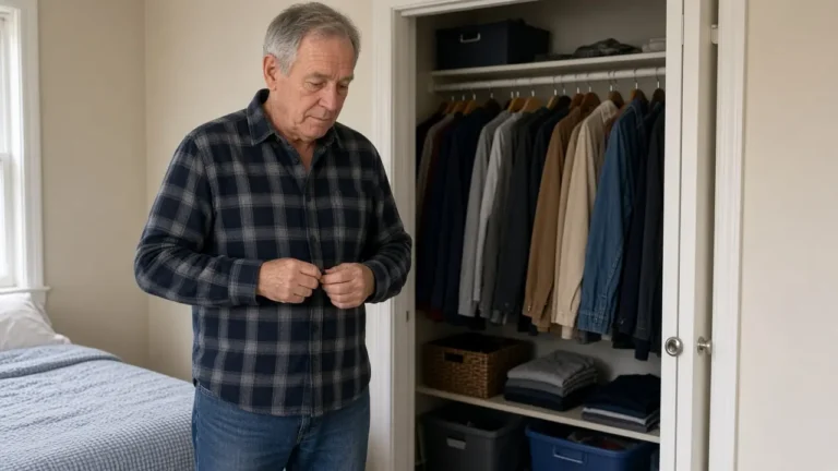 A man about 67 buttons a flannel shirt at an open closet.