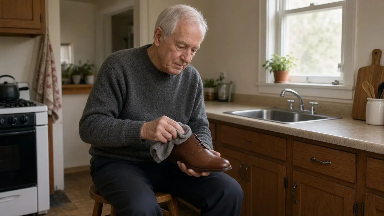 A man about 74 polishes a brown shoe on a kitchen stool.