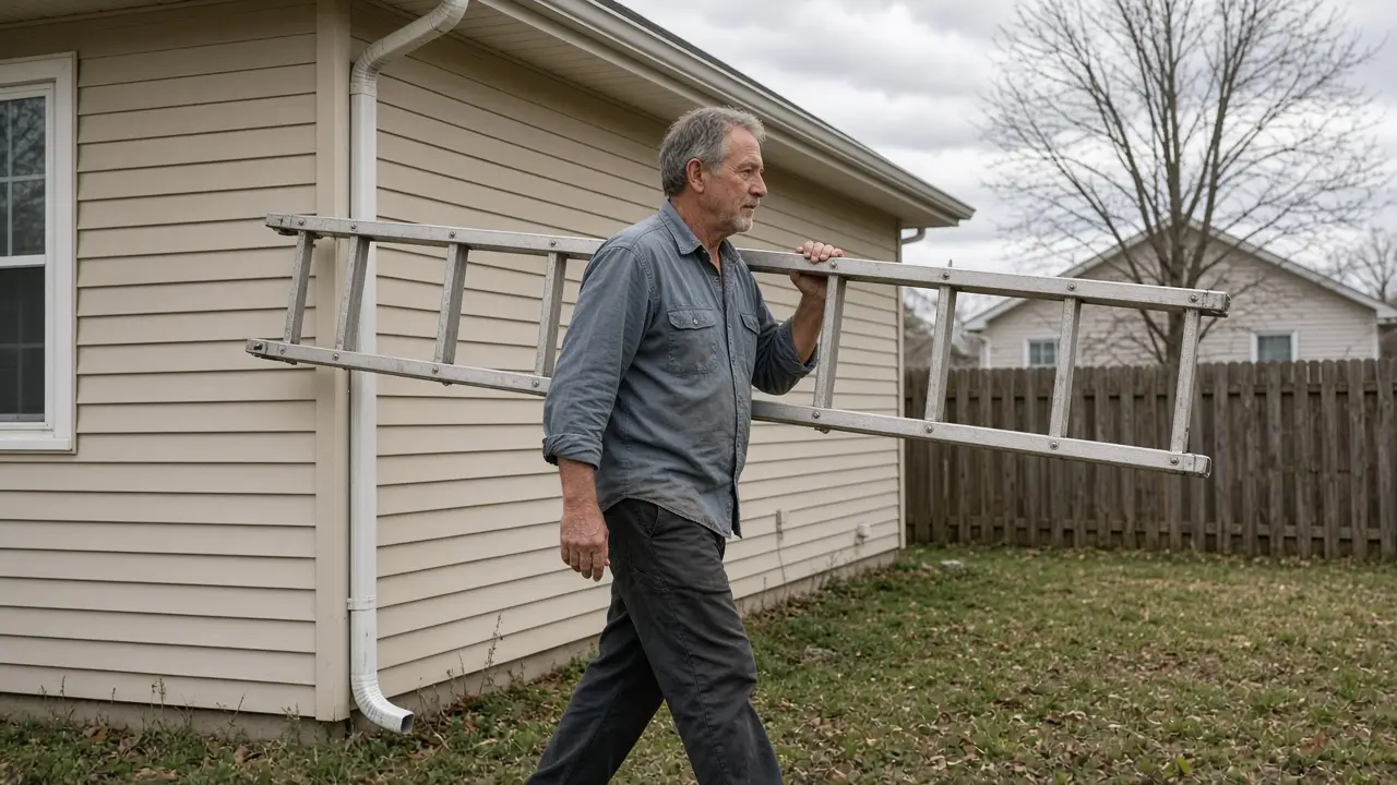 A man about 62 carries a ladder along the side of a house.