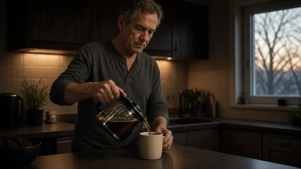 A man about 65 pours coffee in a dim kitchen at dawn.
