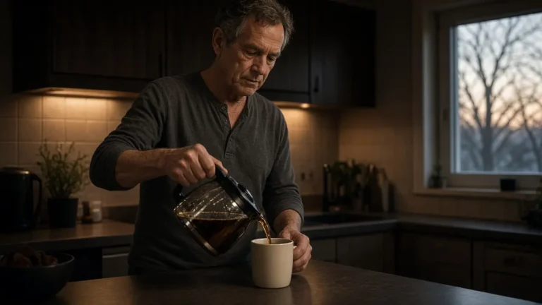 A man about 65 pours coffee in a dim kitchen at dawn.
