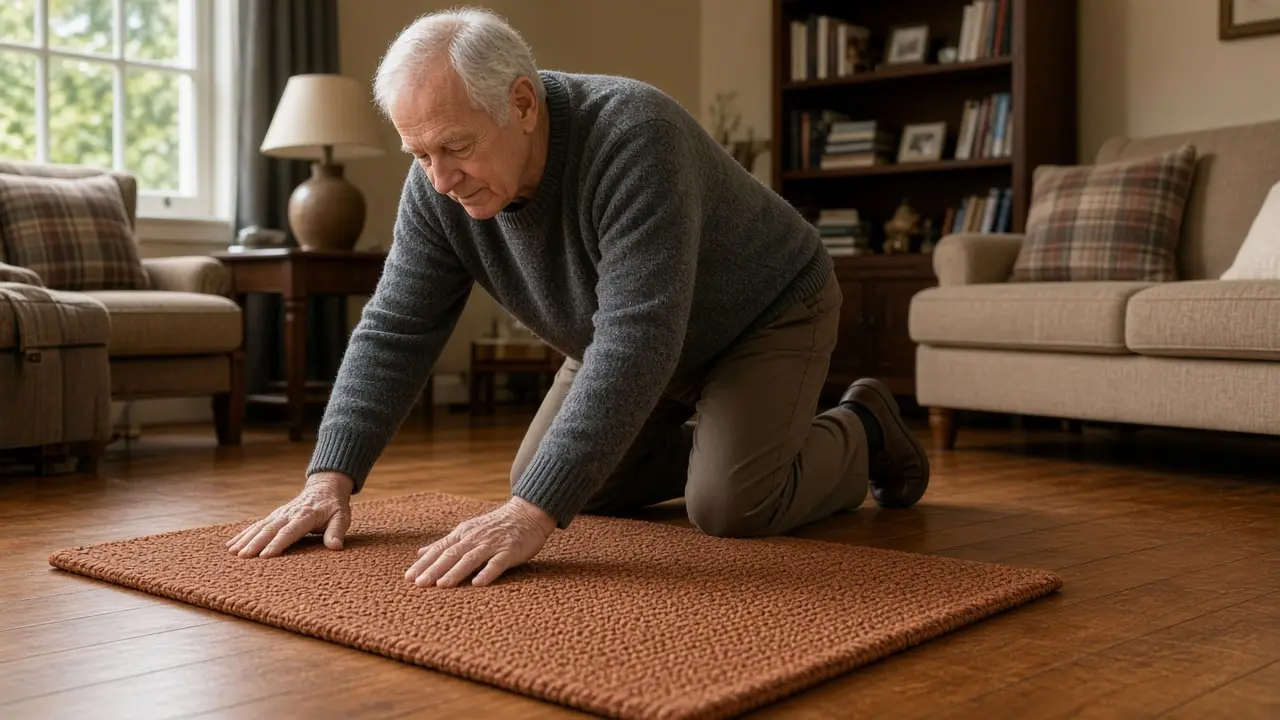 A man about 74 kneels in a living room, straightening a throw rug.