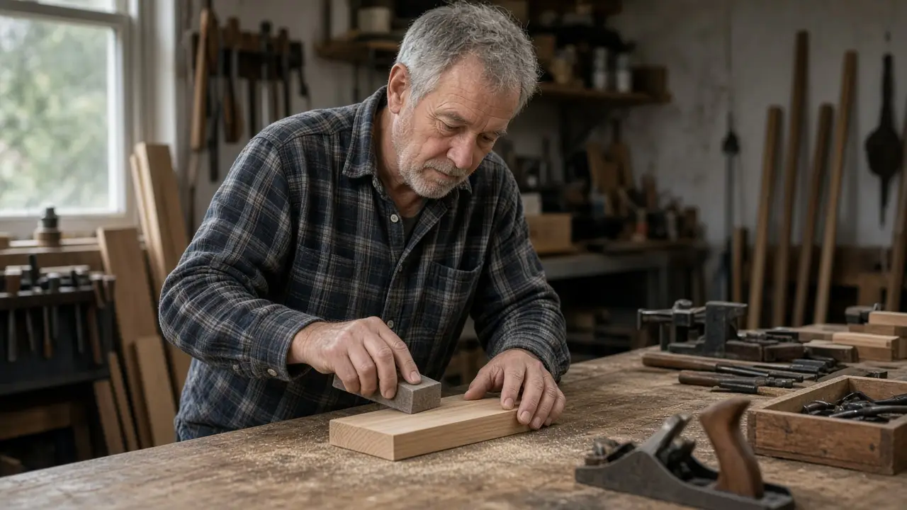 A man about 60 sands a small wooden board at a garage workbench.