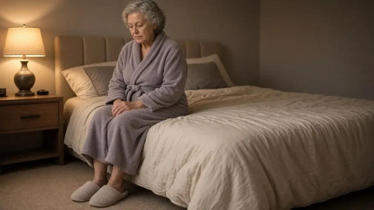 A woman about sixty-six sits on the edge of a bed in a robe and slippers, lamp on.