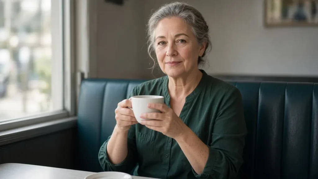 A woman about 63 sits in a diner booth with a plain cup of coffee.
