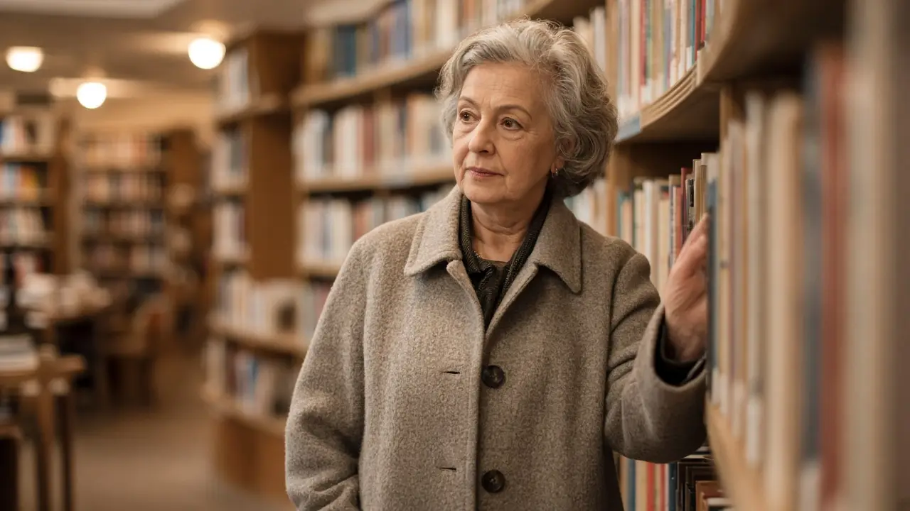 A woman about 71 reaches for a book on a library shelf.