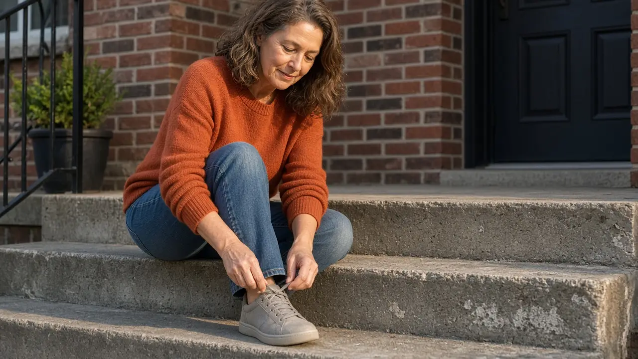 A woman about 56 sits on a front stoop tying a sneaker.
