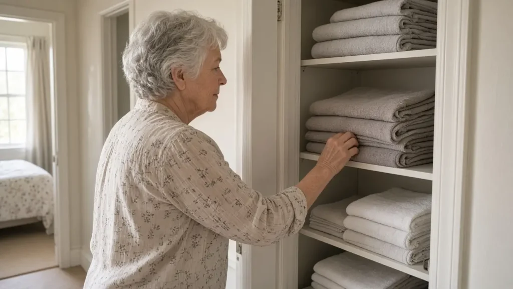 A woman about 71 opens a linen closet in a hallway.