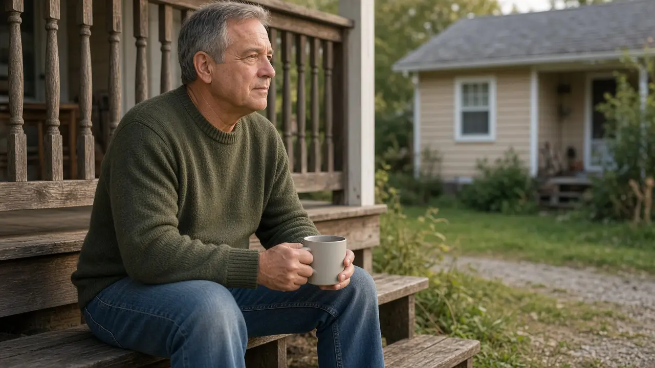 A man about 60 sits on a back porch with a mug.