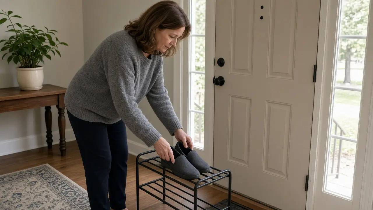 A woman about 54 sets shoes on a rack by the front door.