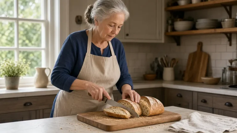 A woman about 65 slices a loaf of bread on a wooden board in a home kitchen.