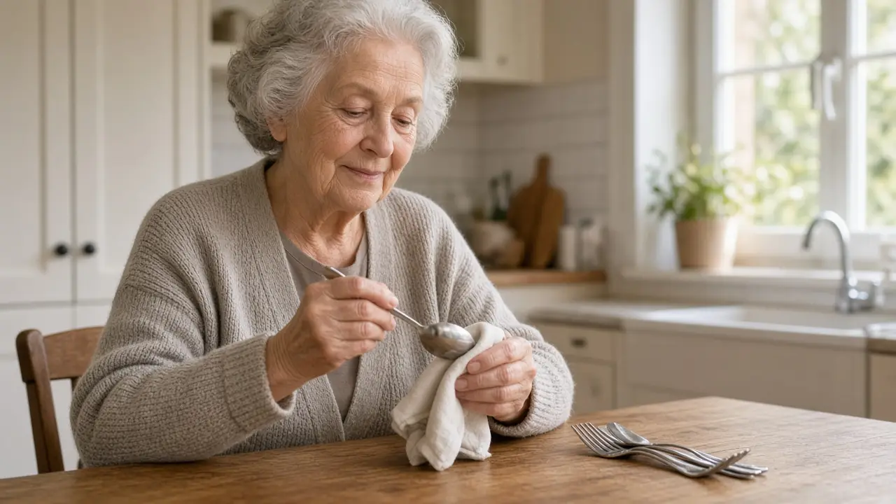 A woman about 73 polishes a plain spoon with a cloth at a kitchen table.